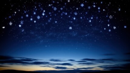 Fototapeta premium A Serene Night Sky Illuminated with Snowflakes and Stars, Capturing the Beauty of Winter's Calm and Tranquility in a Chilly Landscape at Dusk