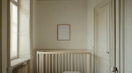 Minimalist Nursery Room With Crib And Empty Frame