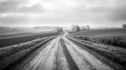 Fototapeta premium A winding dirt road goes through a foggy field in black and white.