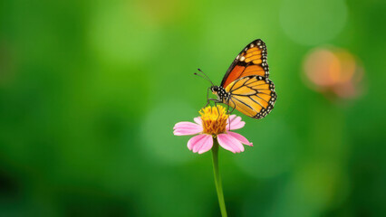 Naklejka premium Monarch butterfly on pink flower with vibrant green background