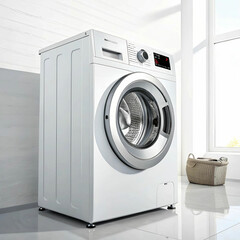 A modern washing machine with a sleek design, featuring a digital control