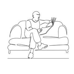 One continuous single drawing line art flat doodle man on sofa reading newspaper, news, world news, leisure. Isolated image hand draw contour on a white background, hand drawn, not AI
