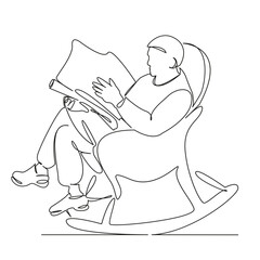 One continuous single drawing line art flat doodle man in rocking chair reading, news, world news, leisure. Isolated image hand draw contour on a white background, hand drawn, not AI