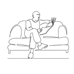 One continuous single drawing line art flat doodle man on sofa reading newspaper, news, world news, leisure. Isolated image hand draw contour on a white background, hand drawn, not AI
