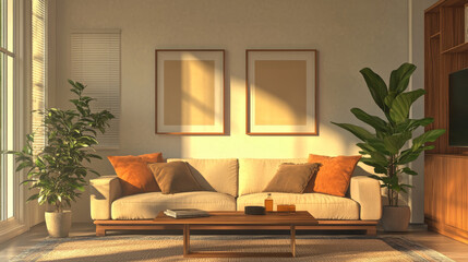"Modern living room interior featuring a sofa, coffee table, plant, and two empty poster frames for mockup purposes. 3D rendering showcasing a contemporary design."

