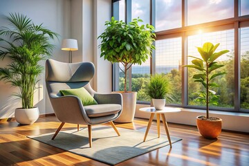 Fototapeta premium Modern Living Room Interior Design Featuring a Stylish Chair and Indoor Plant in a Bright, Airy Space with Contemporary Aesthetics and Natural Light Accentuating the Design Elements