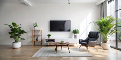 Fototapeta premium Modern Living Room with Minimalist Design Featuring White Walls, Black Flat Screen Television, Cozy Chair, and Stylish Potted Plant on the Floor