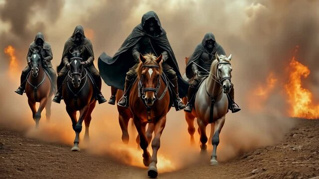 The Four Horsemen of the Apocalypse Riding Through Fiery Chaos, Symbolizing Doom, Power, and Biblical Prophecy in a Dramatic Fantasy Scene