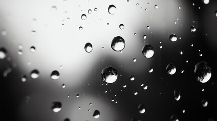 Black and white photo of raindrops on a window.