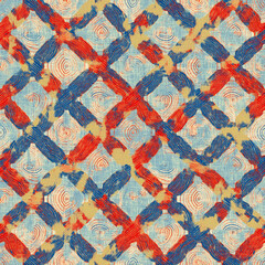 Obraz premium Mottled marine blue red yellow seamless texture. Modern retro swim wear fashion allover print. Memphis style masculine grunge abstract background. High quality jpg swatch.