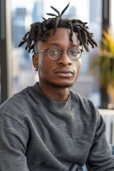 Young African American Man with Dreadlocks Wearing Glasses in Urban Setting
