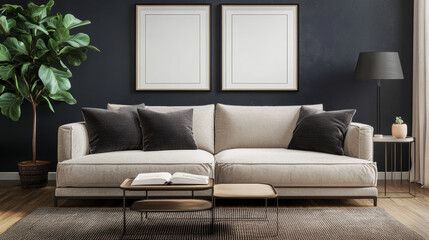 "Modern living room interior featuring a sofa, coffee table, plant, and two empty poster frames for mockup purposes. 3D rendering showcasing a contemporary design."


