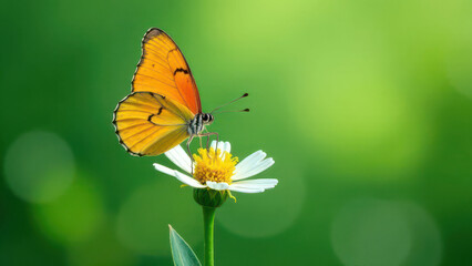 Orange butterfly on white daisy against vibrant green background