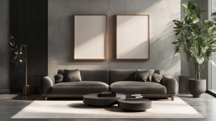 "Modern living room interior featuring a sofa, coffee table, plant, and two empty poster frames for mockup purposes. 3D rendering showcasing a contemporary design."

