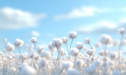 Fototapeta premium Vast cotton fields with fully bloomed white cotton plants, showcasing the agricultural richness of Xinjiang and the textile industry's raw material source.
