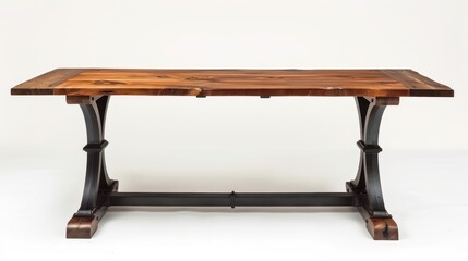 A sturdy wooden table with a unique design, suitable for dining or workspace use.