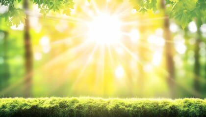 Obraz premium Sunbeams burst through lush green forest canopy, illuminating vibrant moss in foreground; idyllic nature scene.