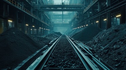 Fototapeta premium Industrial Rail Tracks Amidst Coal Piles In A Factory