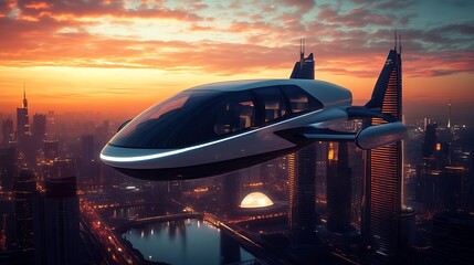 Flying Cars in Twilight Futuristic City