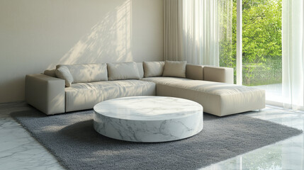 A luxurious living room featuring a two-layer round white marble-top coffee table as the centerpiece.