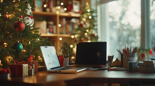 An office desk is adorned with a laptop and various office supplies, set against the blurry backdrop of a decorated Christmas tree. This image captures the essence of creating a festive