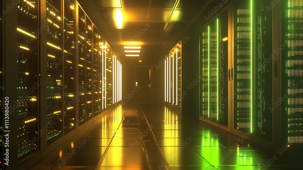 Poster a long hallway in a server room with rows of computer servers.