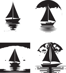 Set of Sailboat Silhouettes with Reflections - Nautical Vector Illustrations