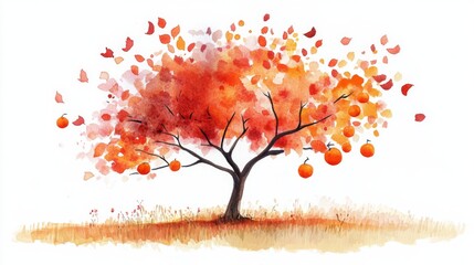 Fototapeta premium Autumn Tree with Falling Leaves and Fruits