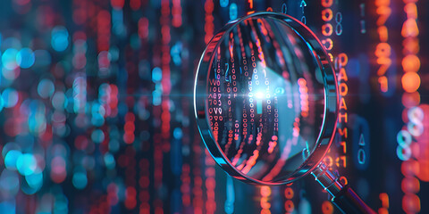Magnifying glass focusing on digital data with binary code in blue and red light.