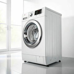 A modern washing machine with a sleek design, featuring a digital control