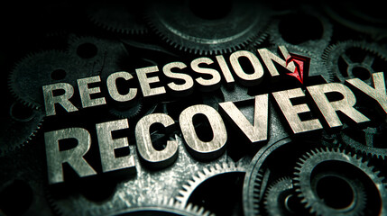 Fototapeta premium Recession and recovery concept image showcasing metallic gears and words. Illustrates economic downturn and subsequent growth.