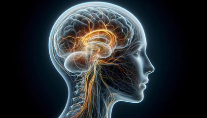 A side view of a transparent human head with internal brain and nerves visible, rendered in a scientific and futuristic art style.