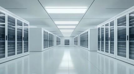 Obraz premium A long, white hallway lined with servers in a data center.