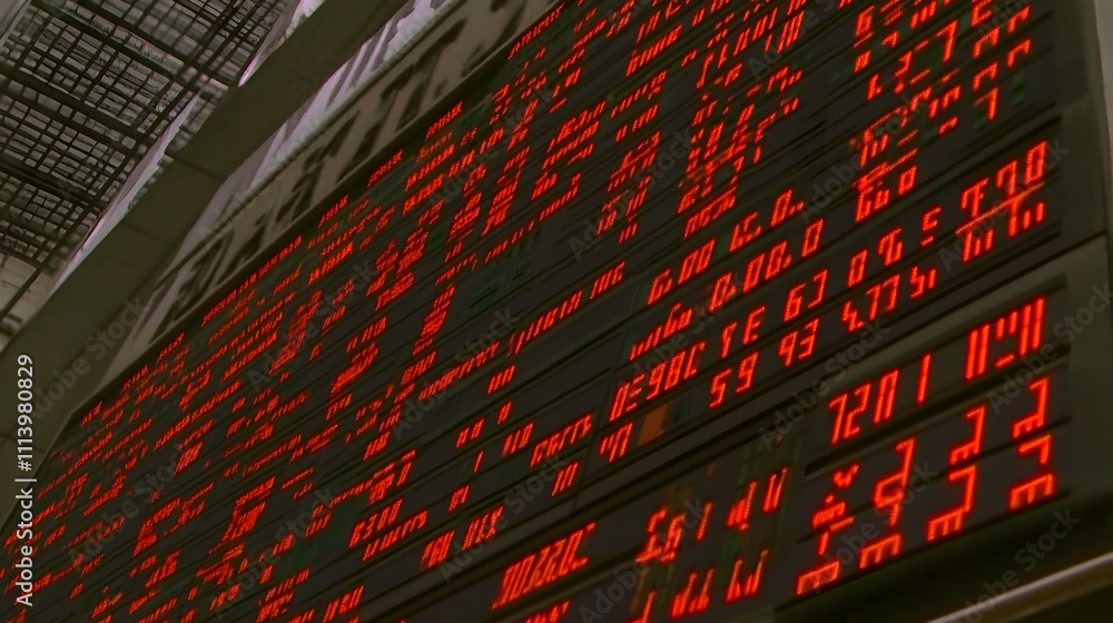Poster stock market ticker board displaying financial data in red led digits. close-up view of numbers and 