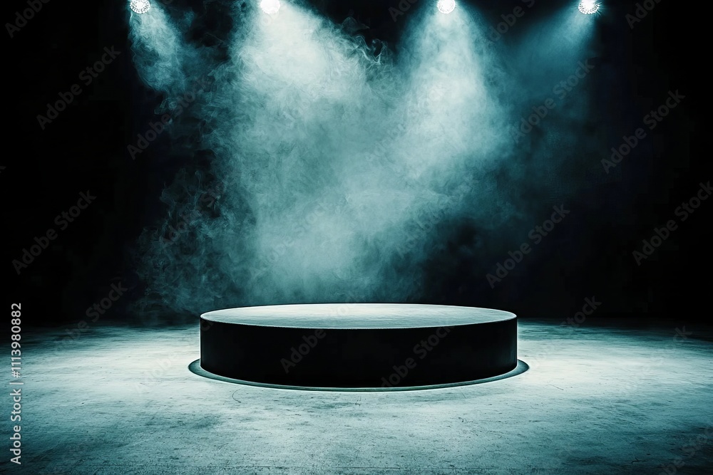 Poster a blue podium, highlighted by four ceiling spotlights, is isolated on a white background. designed f