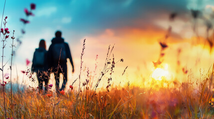 Fototapeta premium couple walks hand in hand through vibrant floral field at sunset, surrounded by colorful flowers and beautiful sky. scene evokes sense of love and tranquility