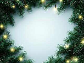 A wreath for Christmas with sparkling lights, a decorated tree, and a holiday fir garland. A winter festive frame with lifelike spruce branches, set against a clear background in a modern design.