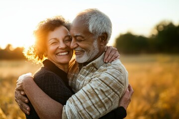 Smiling senior couple embracing outdoors at sunset