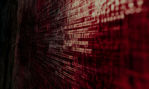 Abstract digital data stream, red binary code background, technological texture, futuristic concept.