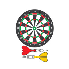 illustration of darts, a precision sports game involving throwing darts at a circular target board.