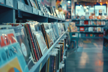 Person look vinyl records in retro music store, surrounded by various music genres classic CDs tapes vintage musical instruments, Generative AI