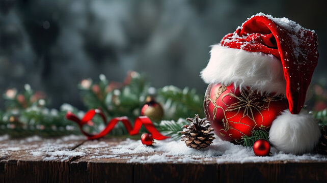 Esfera de Navidad roja con un gorro de Pap&aacute; Noel. Decoraci&oacute;n roja y verde de Navidad. Decoraci&oacute;n de fiesta sobre fonfo nevado.