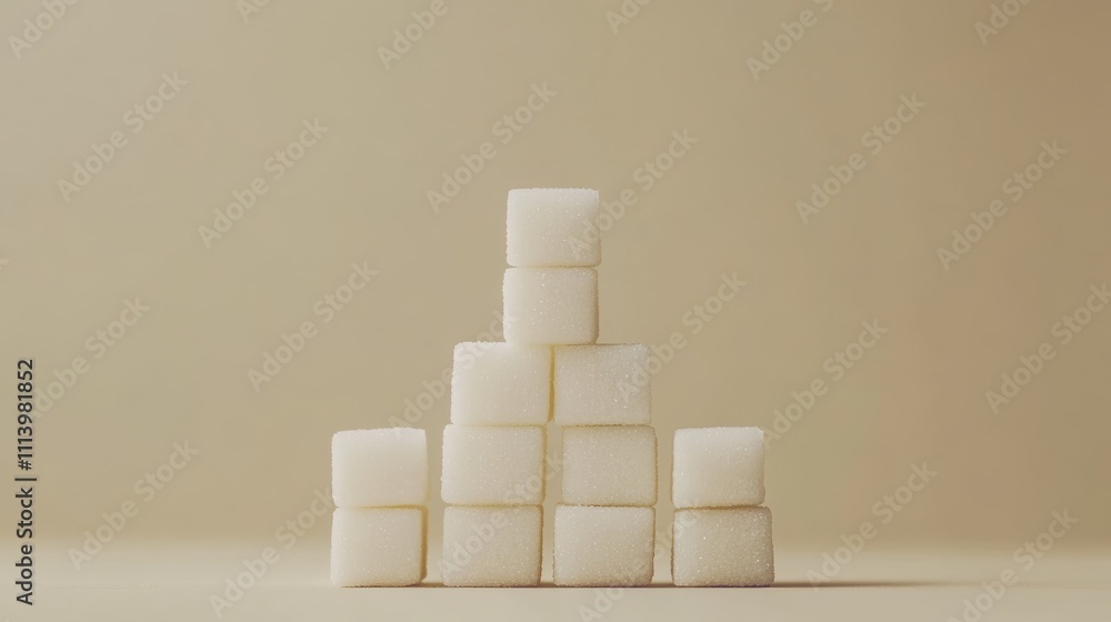 Poster White sugar cubes stacked in a pyramid shape decreasing in size towards the top, symbolizing reducing sugar intake for a healthier lifestyle, set against a neutral beige background