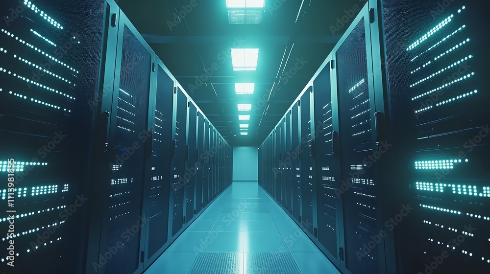 Poster a long hallway in a server room with rows of computer servers.