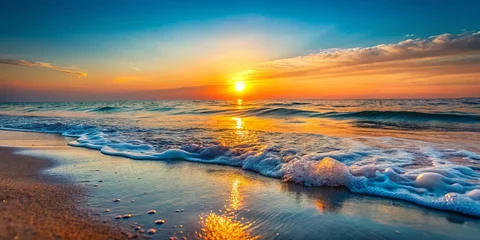 Wanddecoratie Ziekenhuis Serene Sunrise Over the Calm Sea with Gentle Waves and Soft Light, Ideal for Tranquil Backgrounds and Meditation Spaces, Evoking Peaceful Mornings and Nature's Beauty  © Curie