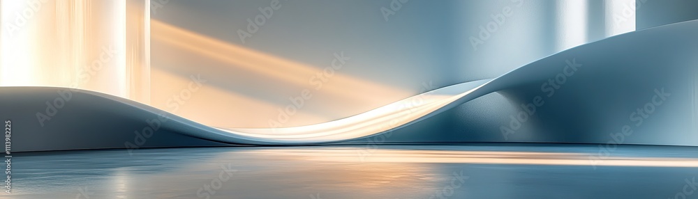 Poster dynamic abstract shapes illuminated by soft light modern interior space digital art calm atmosphere 