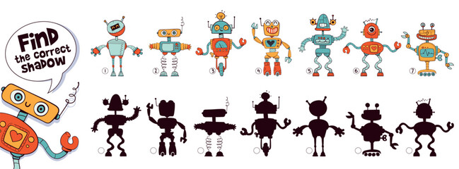 Find the correct shadow. Similar items. Funny cartoon characters robots. Choose right silhouette. Educational game for kids. Worksheet page. Activity book. Attention task. Isolated vector illustration