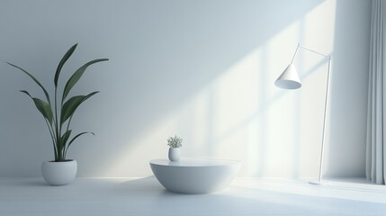 Fototapeta premium Minimalist White Room Decor With Plants And Lamp
