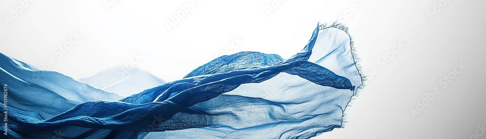 Poster flowing blue fabric movement studio setting textile art light background close-up view abstract conc