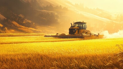 Fototapeta premium A powerful rice harvester moves through the golden fields, efficiently cutting and gathering rice